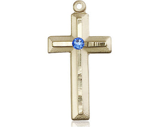 14kt Gold Filled Cross Pendant with a 3mm Sapphire Swarovski stone on an 18-inch Gold Filled Light Curb Chain Engraved Catholic Saint Jewelry