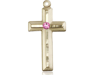 14kt Gold Cross Medal with a 3mm Rose Swarovski stone Engraved Catholic Saint Jewelry