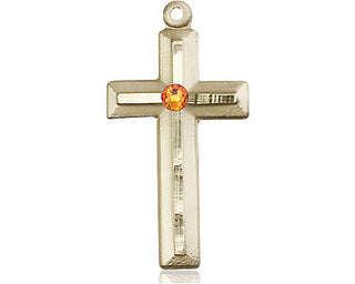 14kt Gold Cross Medal with a 3mm Topaz Swarovski stone Engraved Catholic Saint Jewelry