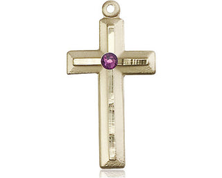 14kt Gold Cross Medal with a 3mm Amethyst Swarovski stone Engraved Catholic Saint Jewelry