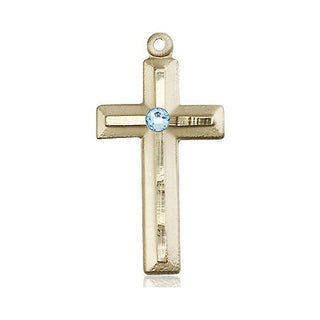 14kt Gold Cross Medal with a 3mm Aqua Swarovski stone Engraved Catholic Saint Jewelry