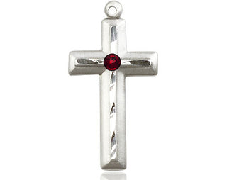 Sterling Silver Cross Pendant with a 3mm Garnet Swarovski stone on an 18-inch Sterling Silver Light Curb Chain Engraved Catholic Saint Jewelry