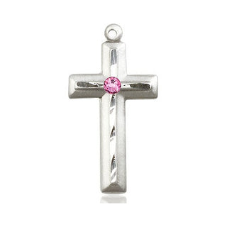 Sterling Silver Cross Pendant with a 3mm Rose Swarovski stone on an 18-inch Sterling Silver Light Curb Chain Engraved Catholic Saint Jewelry