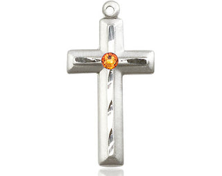 Sterling Silver Cross Pendant with a 3mm Topaz Swarovski stone on an 18-inch Sterling Silver Light Curb Chain Engraved Catholic Saint Jewelry