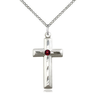 Sterling Silver Cross | 3mm Garnet Swarovski stone | 18-inch Sterling Silver Chain | Engravable