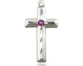 Sterling Silver Cross Pendant with a 3mm Amethyst Swarovski stone on an 18-inch Sterling Silver Light Curb Chain Engraved Catholic Saint Jewelry