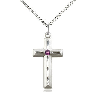 Sterling Silver Cross | 3mm Amethyst Swarovski stone | 18-inch Sterling Silver Chain | Engravable