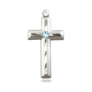 Sterling Silver Cross Pendant with a 3mm Aqua Swarovski stone on an 18-inch Sterling Silver Light Curb Chain Engraved Catholic Saint Jewelry