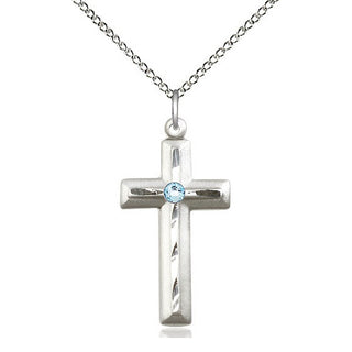 Sterling Silver Cross | 3mm Aqua Swarovski stone | 18-inch Sterling Silver Chain | Engravable