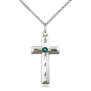 Sterling Silver Cross | 3mm Emerald Swarovski stone | 18-inch Sterling Silver Chain | Engravable