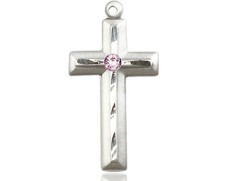 Sterling Silver Cross Pendant with a 3mm Light Amethyst Swarovski stone on an 18-inch Sterling Silver Light Curb Chain Engraved Catholic Saint Jewelry