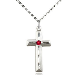 Sterling Silver Cross | 3mm Ruby Swarovski stone | 18-inch Sterling Silver Chain | Engravable