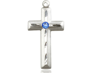 Sterling Silver Cross Pendant with a 3mm Sapphire Swarovski stone on an 18-inch Sterling Silver Light Curb Chain Engraved Catholic Saint Jewelry