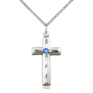 Sterling Silver Cross | 3mm Sapphire Swarovski stone | 18-inch Sterling Silver Chain | Engravable