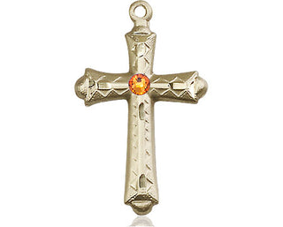 14kt Gold Filled Cross Pendant with a 3mm Topaz Swarovski stone on an 18-inch Gold Filled Light Curb Chain Engraved Catholic Saint Jewelry