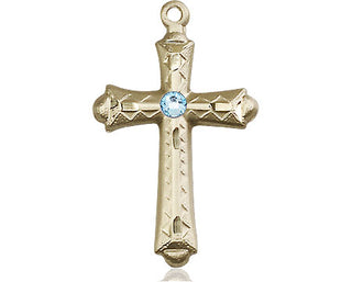 14kt Gold Filled Cross Pendant with a 3mm Aqua Swarovski stone on an 18-inch Gold Filled Light Curb Chain Engraved Catholic Saint Jewelry