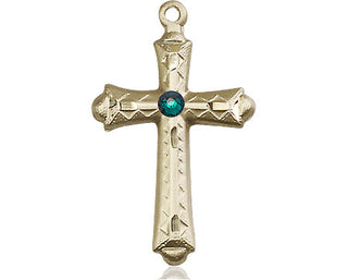 14kt Gold Filled Cross Pendant with a 3mm Emerald Swarovski stone on an 18-inch Gold Filled Light Curb Chain Engraved Catholic Saint Jewelry
