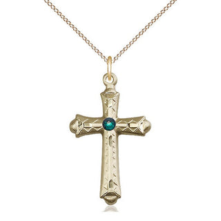 14kt Gold Filled Cross | 3mm Emerald Swarovski stone | 18-inch Gold Filled Chain | Engravable