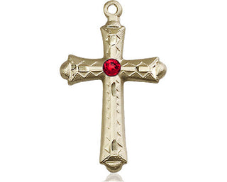 14kt Gold Filled Cross Pendant with a 3mm Ruby Swarovski stone on an 18-inch Gold Filled Light Curb Chain Engraved Catholic Saint Jewelry