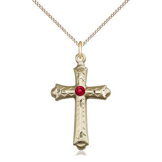 14kt Gold Filled Cross | 3mm Ruby Swarovski stone | 18-inch Gold Filled Chain | Engravable