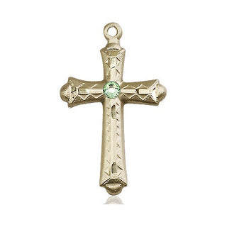 14kt Gold Filled Cross Pendant with a 3mm Peridot Swarovski stone on an 18-inch Gold Filled Light Curb Chain Engraved Catholic Saint Jewelry