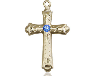14kt Gold Filled Cross Pendant with a 3mm Sapphire Swarovski stone on an 18-inch Gold Filled Light Curb Chain Engraved Catholic Saint Jewelry