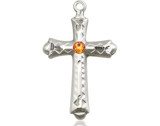 Sterling Silver Cross Pendant with a 3mm Topaz Swarovski stone on an 18-inch Sterling Silver Light Curb Chain Engraved Catholic Saint Jewelry