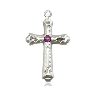 Sterling Silver Cross Pendant with a 3mm Amethyst Swarovski stone on an 18-inch Sterling Silver Light Curb Chain Engraved Catholic Saint Jewelry