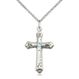 Sterling Silver Cross | 3mm Aqua Swarovski stone | 18-inch Sterling Silver Chain | Engravable