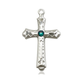 Sterling Silver Cross Pendant with a 3mm Emerald Swarovski stone on an 18-inch Sterling Silver Light Curb Chain Engraved Catholic Saint Jewelry