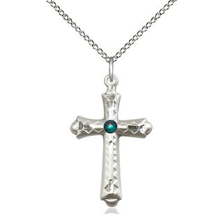Sterling Silver Cross | 3mm Emerald Swarovski stone | 18-inch Sterling Silver Chain | Engravable