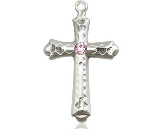 Sterling Silver Cross Pendant with a 3mm Light Amethyst Swarovski stone on an 18-inch Sterling Silver Light Curb Chain Engraved Catholic Saint Jewelry