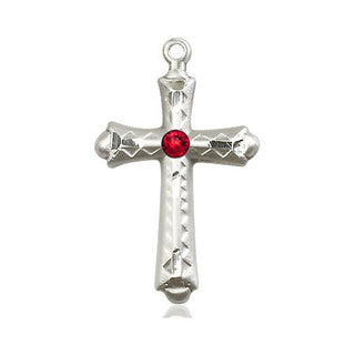 Sterling Silver Cross Pendant with a 3mm Ruby Swarovski stone on an 18-inch Sterling Silver Light Curb Chain Engraved Catholic Saint Jewelry