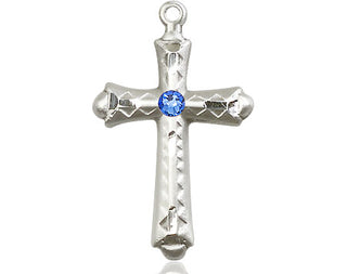 Sterling Silver Cross Pendant with a 3mm Sapphire Swarovski stone on an 18-inch Sterling Silver Light Curb Chain Engraved Catholic Saint Jewelry