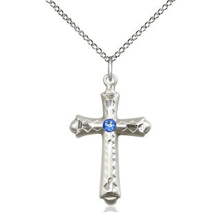 Sterling Silver Cross | 3mm Sapphire Swarovski stone | 18-inch Sterling Silver Chain | Engravable