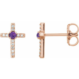 14K Rose Natural Amethyst & .05 CTW Natural Diamond Cross Earrings