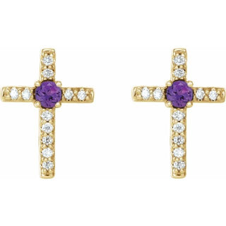 14K Yellow Natural Amethyst & .05 CTW Natural Diamond Cross Earrings
