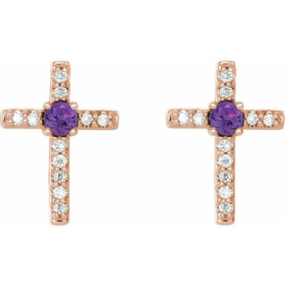 14K Rose Natural Amethyst & .05 CTW Natural Diamond Cross Earrings