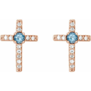 14K Rose Natural Aquamarine & .05 CTW Natural Diamond Cross Earrings
