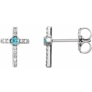 Platinum Natural Blue Zircon & .05 CTW Natural Diamond Cross Earrings