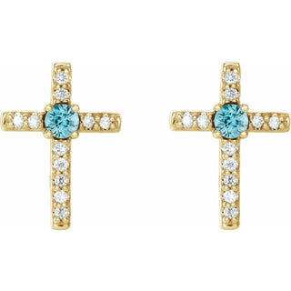 14K Yellow Natural Blue Zircon & .05 CTW Natural Diamond Cross Earrings