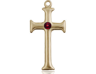 14kt Gold Filled Cross Pendant with a 3mm Garnet Swarovski stone on an 18-inch Gold Filled Light Curb Chain Engraved Catholic Saint Jewelry