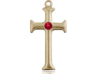 14kt Gold Filled Cross Pendant with a 3mm Ruby Swarovski stone on an 18-inch Gold Filled Light Curb Chain Engraved Catholic Saint Jewelry