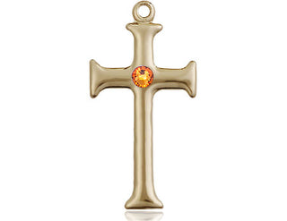 14kt Gold Cross Medal with a 3mm Topaz Swarovski stone Engraved Catholic Saint Jewelry
