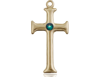 14kt Gold Cross Medal with a 3mm Emerald Swarovski stone Engraved Catholic Saint Jewelry