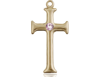 14kt Gold Cross Medal with a 3mm Light Amethyst Swarovski stone Engraved Catholic Saint Jewelry