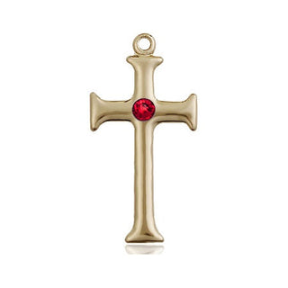 14kt Gold Cross Medal with a 3mm Ruby Swarovski stone Engraved Catholic Saint Jewelry