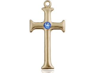 14kt Gold Cross Medal with a 3mm Sapphire Swarovski stone Engraved Catholic Saint Jewelry