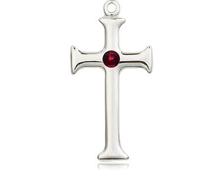 Sterling Silver Cross Pendant with a 3mm Garnet Swarovski stone on an 18-inch Sterling Silver Light Curb Chain Engraved Catholic Saint Jewelry