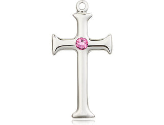 Sterling Silver Cross Pendant with a 3mm Rose Swarovski stone on an 18-inch Sterling Silver Light Curb Chain Engraved Catholic Saint Jewelry
